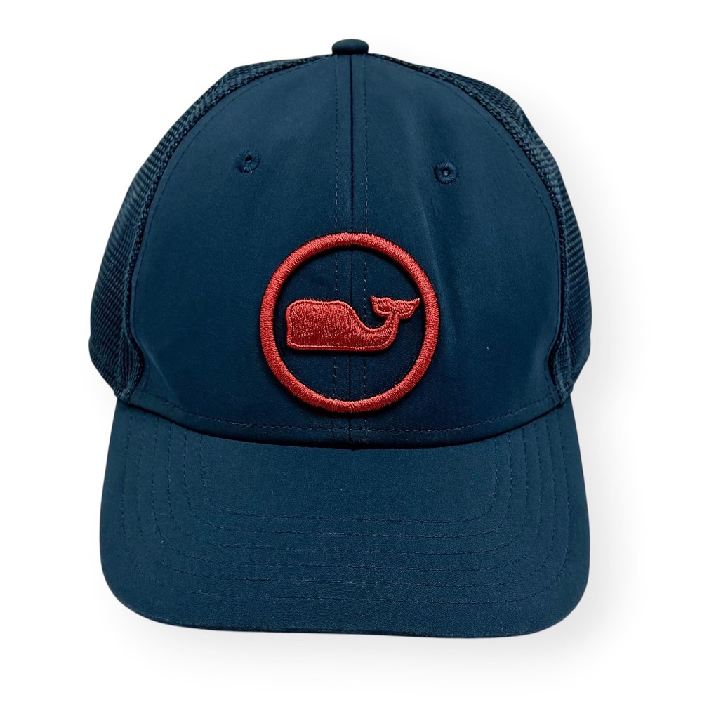 Vineyard Vines Men's Whale Dot‎ Performance Trucker Hat Navy Blue Red EUC